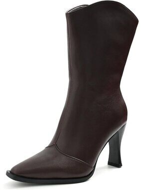 Women's Dark Brown Comfortable Square Toe 3.6 inch High Heel Mid Calf Boots